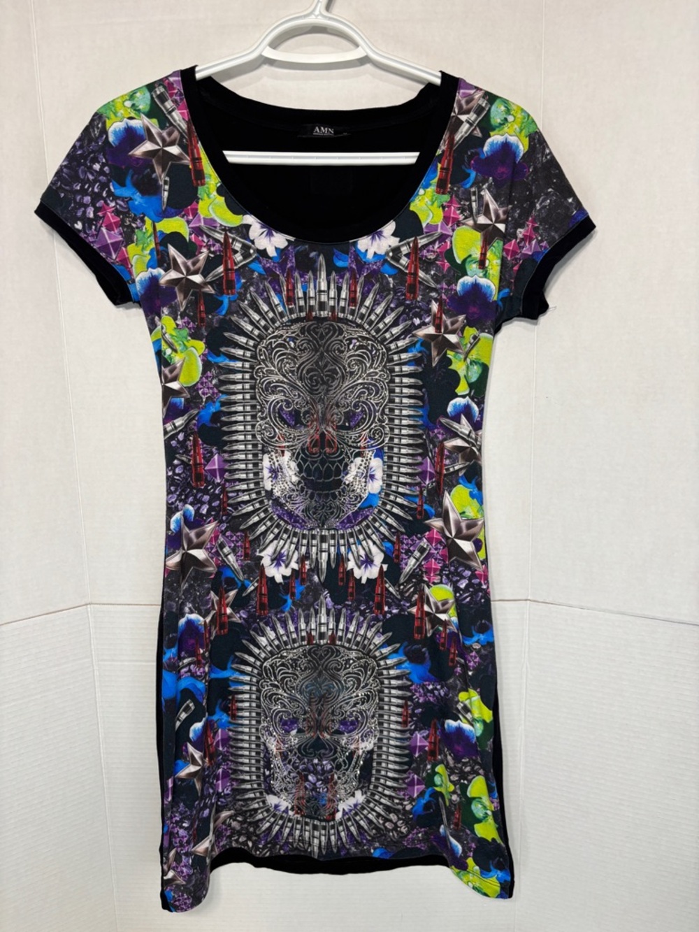A.M.N Madness National Skull Print Mini Dress Silver Sparkle Gems Party Festival